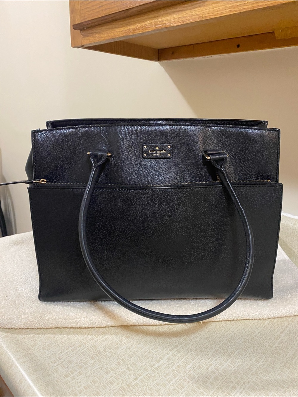 kate spade Black Leather Structured Tote with Gold Plaque